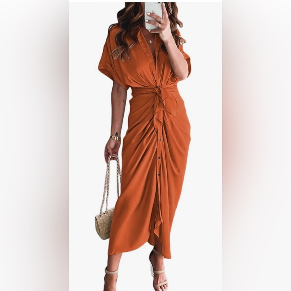 Satin look orange dress with tie